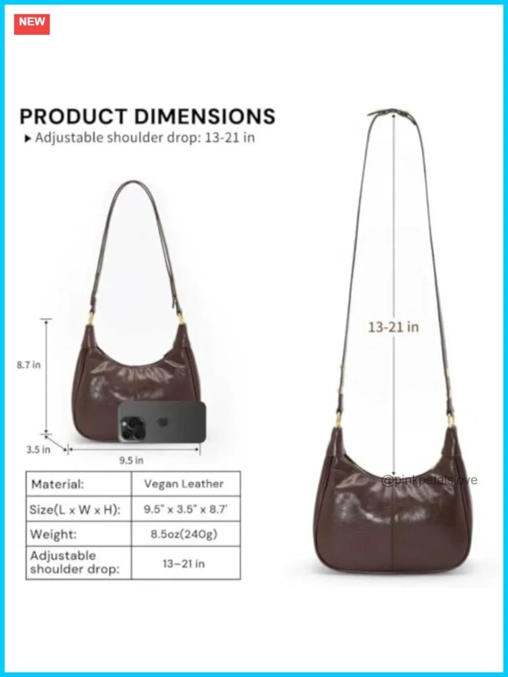 PU Leather Crescent Hobo Bag with Zipper Closure and Adjustable Strap